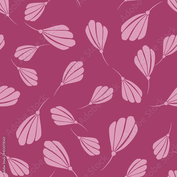 Fototapeta Decorative doodle seamless pattern with simple bud flowers ornament. Pink random floral backdrop.