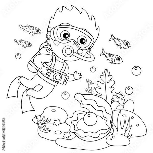 Fototapeta Coloring Page Outline of cartoon little boy scuba diver. Marine photography or shooting. Underwater world. Coral reef with fishes, pearl shells and sea star. Coloring Book for kids.