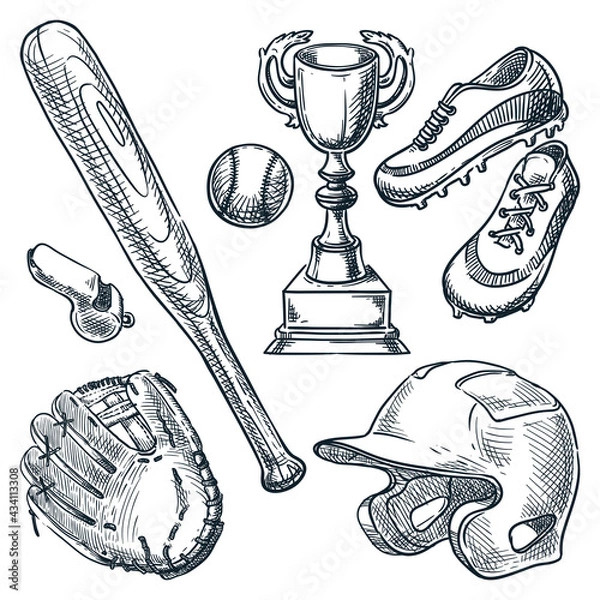 Fototapeta Baseball sports equipment. Vector hand drawn sketch illustration. Ball, glove, baseball bat, helmet icons