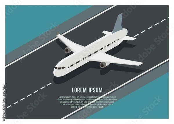 Fototapeta Airplane running on the runway, simple isometric illustration 