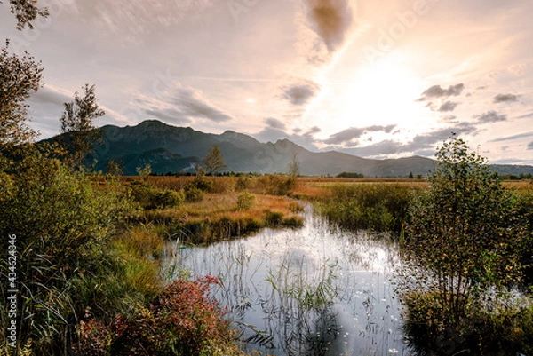 Fototapeta Sonnenuntergang Loisach-Kochelsee-Moore bei Kochel Zwei Seen Land