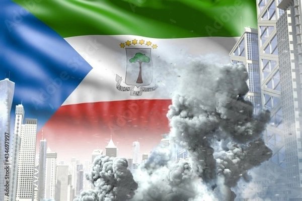 Obraz big smoke pillar in abstract city - concept of industrial catastrophe or act of terror on Equatorial Guinea flag background, industrial 3D illustration