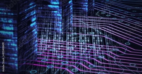 Fototapeta Composition of binary coding processing over computer circuit board