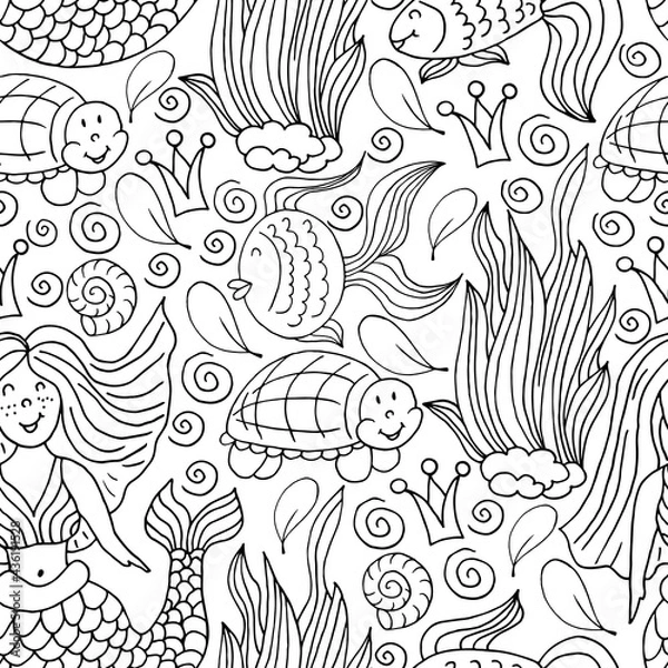 Fototapeta Vector Seamless pattern in hand draw style. Liner illustration. Pattern, background. Mermaid, turtles, seaweed