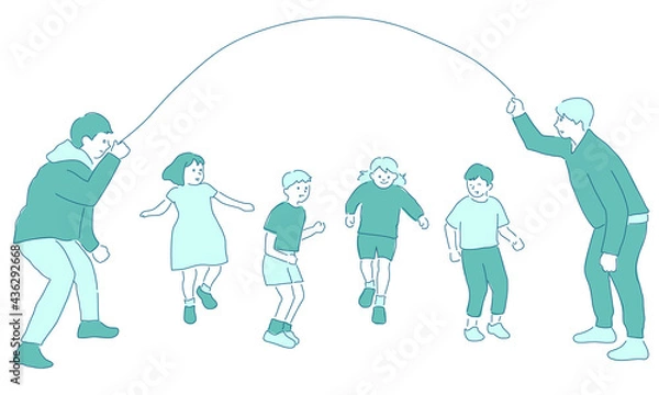 Fototapeta Illustration of a kids enjoying skipping rope (white background, vector, cut out)