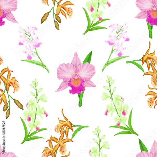 Fototapeta Pink Cattleya orchid flower blossom seamless pattern on white and clipping path