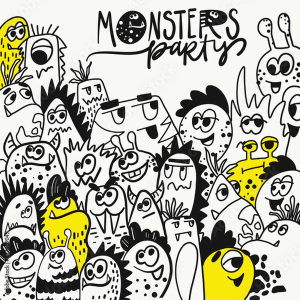 Fototapeta Monsters party. Funny coloring poster in doodle style. Big coloring page with monster