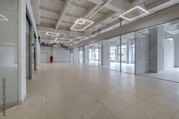 Fototapeta Modern white empty room interior with columns and panoramic windows.  room for office or store