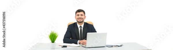 Fototapeta The happy businessman sitting at the desktop on the white background