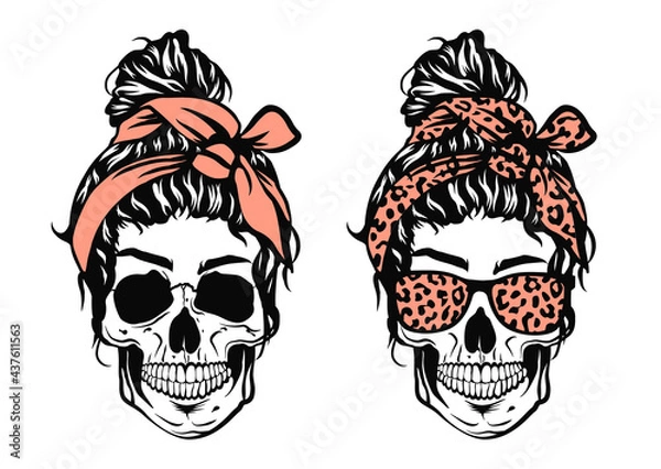 Fototapeta Skull with messy bun and bandana. Skull with leopard sunglasses.