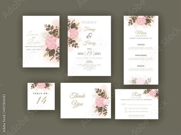 Fototapeta Floral Wedding Suite Template, Card Design In Six Options.