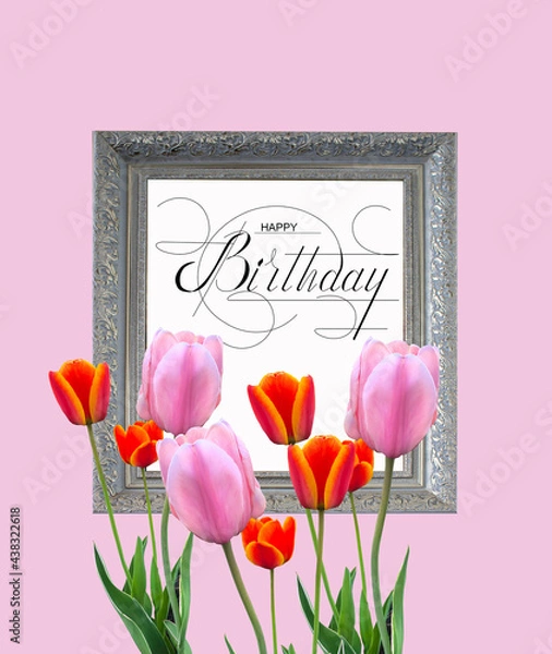 Fototapeta postcard , Internet banner , flat lay with a birthday greeting, with the inscription - happy birthday