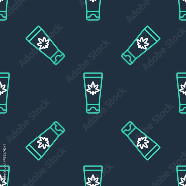 Fototapeta Line Medical cream with marijuana or cannabis leaf icon isolated seamless pattern on black background. Mock up of cannabis oil extracts in jars. Vector