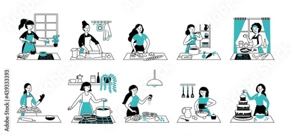 Fototapeta Women cooking. Woman kitchen, preparing food and cook stew dining. Home service, happy young housewife cutting raw products decent vector set