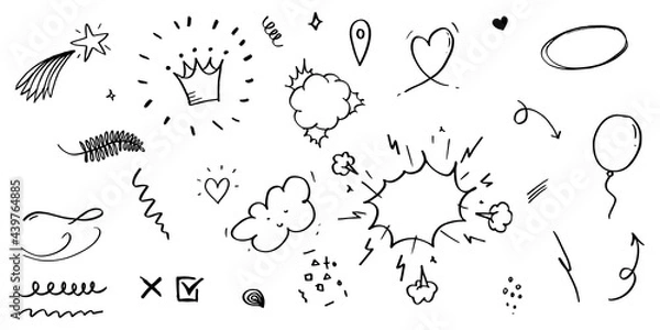 Fototapeta hand drawn set of curly swishes, swashes, swoops. Abstract arrows,  Arrow, heart, love, star, leaf, sun, light, crown, king, queen, on doodle style for concept design. vector illustration.