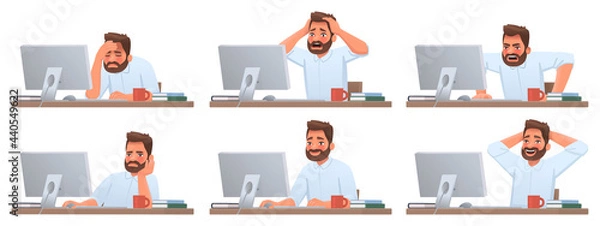 Fototapeta Businessman at desktop. Tired and successful worker. Deadline. The employee is angry. Different emotions of a man working