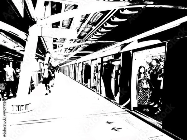 Fototapeta Landscape of Metro Station and City Passengers Black and white illustrations.