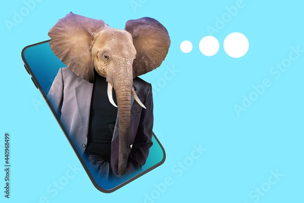 Fototapeta Art portrait of elephant with man body. Businessman's elephant's head symbolizes uncool character of a person. Man in business suit at smartphone screen. Turquoise art portrait on theme of business