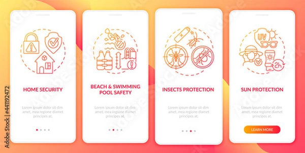 Fototapeta Safe vacation onboarding mobile app page screen. Swimming pool safety walkthrough 4 steps graphic instructions with concepts. UI, UX, GUI vector template with linear color illustrations