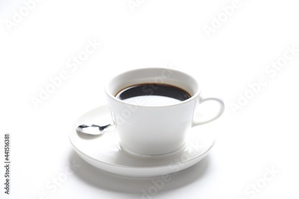 Fototapeta hot drink dark black coffee america kopi o beverage menu in white cup and plate in white background