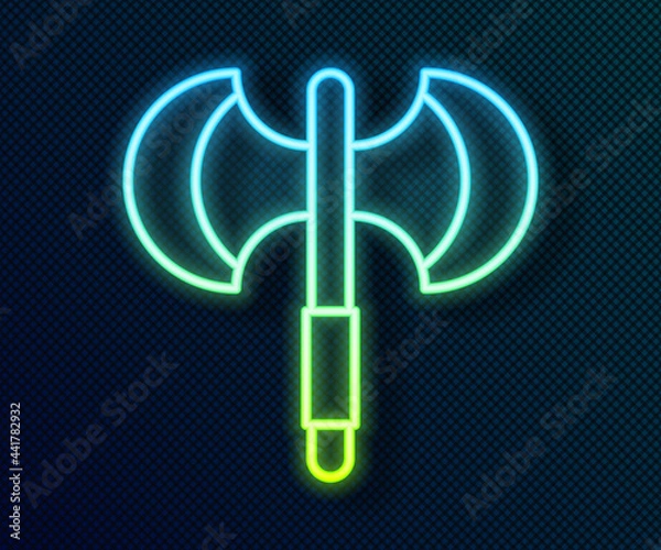 Fototapeta Glowing neon line Medieval poleaxe icon isolated on black background. Vector