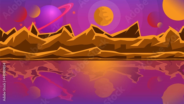 Fototapeta Beautiful fantasy landscape vector illustration background with mountain, water, water reflection, sky and planets.