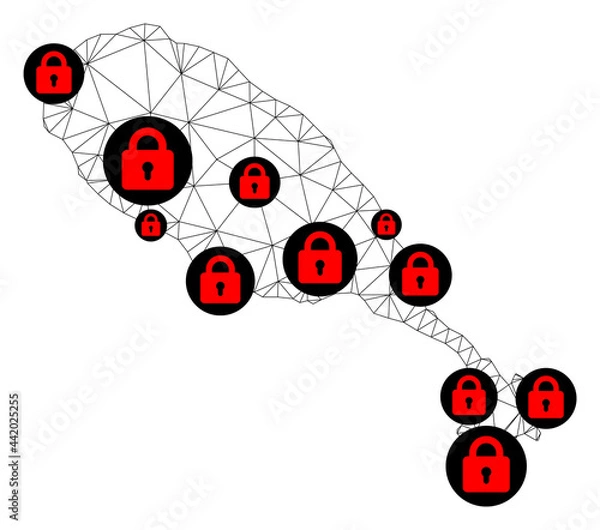 Fototapeta Polygonal mesh lockdown map of St Kitts Island. Abstract mesh lines and locks form map of St Kitts Island. Vector wire frame 2D polygonal line network in black color with red locks.