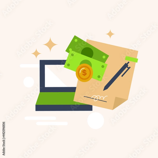 Fototapeta Online Contract Signing Concept. Pay Online Through Laptop. Website template. Landing Page. Modern Flat Cartoon Style. Vector Illustration on Isolated Background.