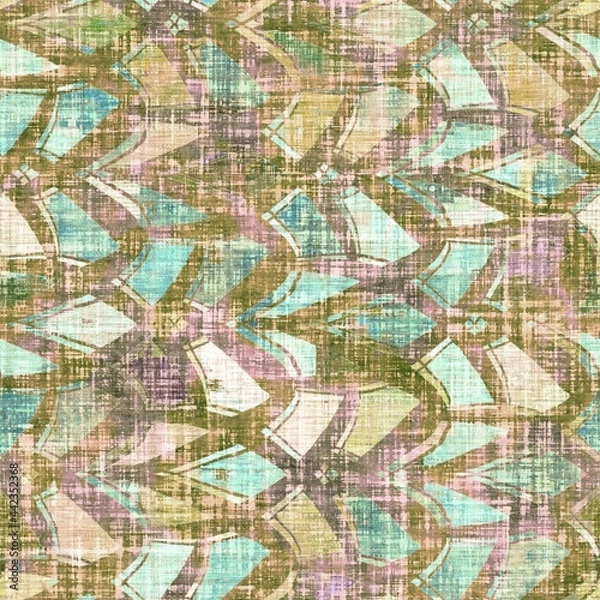 Obraz Rustic mottled linen woven texture. Seamless printed fabric pattern. Tropical pastel coastal style. Interior textile background. Mottled colorful peach green dye stains. Soft rustic summer home decor
