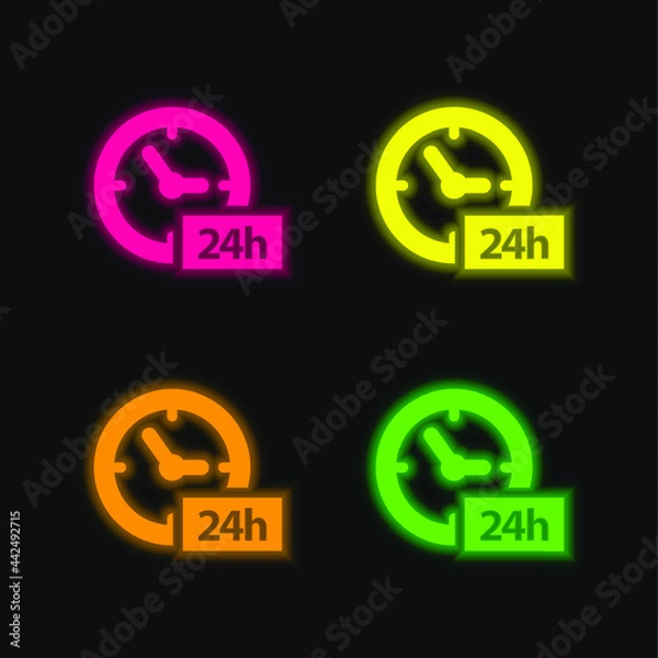 Fototapeta 24 Hours Clock Symbol four color glowing neon vector icon