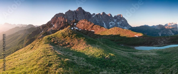 Fototapeta Beautiful summer mountain scenery. Splendid sunrise in Dolomites mountains. Panoramic summer view, Dolomiti Alps, South Tyrol, Italy, Europe. Traveling concept background.
Sunny holiday.