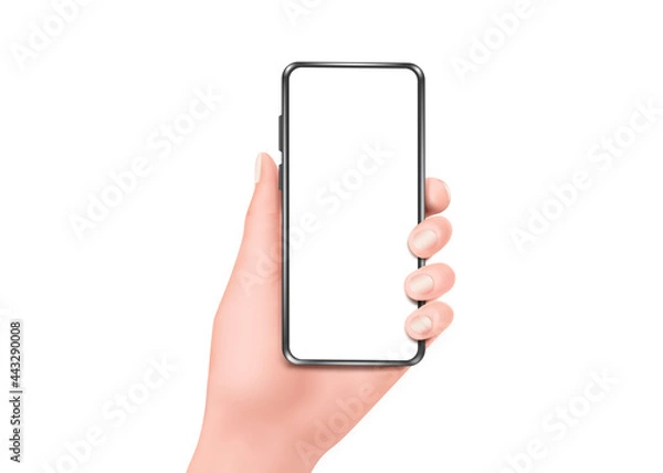 Fototapeta woman hand holding smartphone on a white background And free space on the smartphone,vetor 3d isolated white backgroun for advertising design