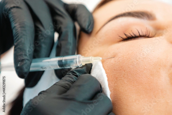 Fototapeta Plastic syrgery. Close-up of female face getting injection in the cosmetology salon. Doctor in medical gloves with syringe injects cheek a botulinum toxin