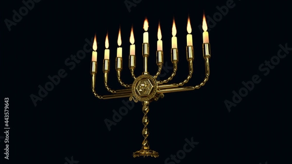 Fototapeta golden ornamental hanukkah menora glowing isolated. conceptual object 3D illustration