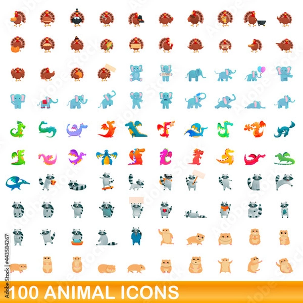 Fototapeta 100 animal icons set. Cartoon illustration of 100 animal icons vector set isolated on white background