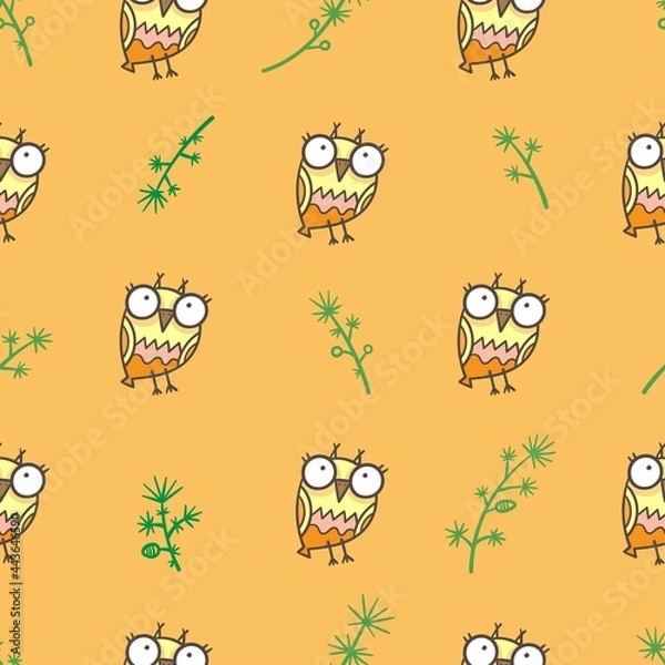 Fototapeta Seamless pattern with cute cartoon owls on orange background. Funny doodle vector wallpaper. Line art animals print.