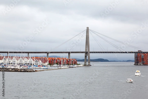 Fototapeta Big cable suspension bridge at dull day in Stavanger, Norway.