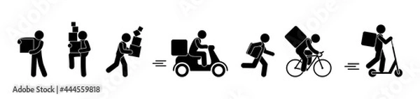 Fototapeta cargo transportation, parcel delivery, illustration of movers and couriers, stick figure man carries a box, food delivery icon