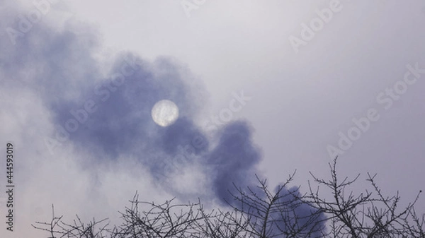 Fototapeta Thick smoke in the dark sky covers the sun, polluting the environment