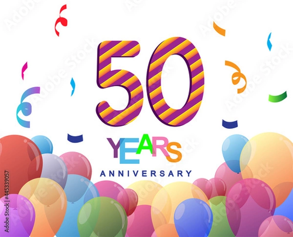 Fototapeta 50th years anniversary celebration with colorful balloons and confetti, colorful design for greeting card birthday celebration