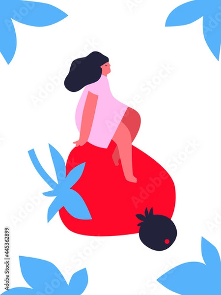 Fototapeta Tiny people and fruits cartoon vector illustration. Healthy eating, cooking vegetarian food and dieting concept. People and berries, summer harvest. Summer time.