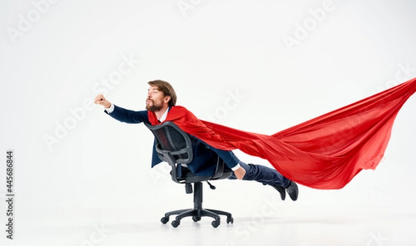 Fototapeta business man in suit red cloak superhero manager