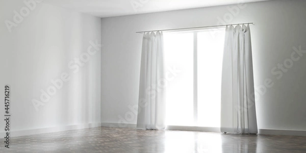 Fototapeta empty bright studio empty room with wood floor and white curtains and bright sun light 3d render illustration