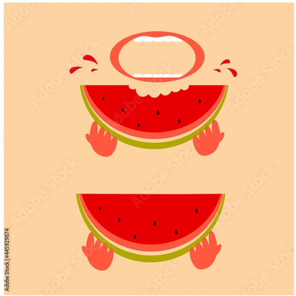 Fototapeta Postcard with a watermelon in his hands. Summer postcard. The watermelon is whole and bitten. There is a watermelon. Eating a juicy ripe watermelon. Vector illustration of a watermelon wedge with seed