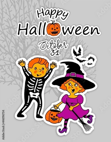 Fototapeta Happy Halloween. A greeting card. Cute Cartoon characters. Funny little children in colorful costumes. Flat Illustration