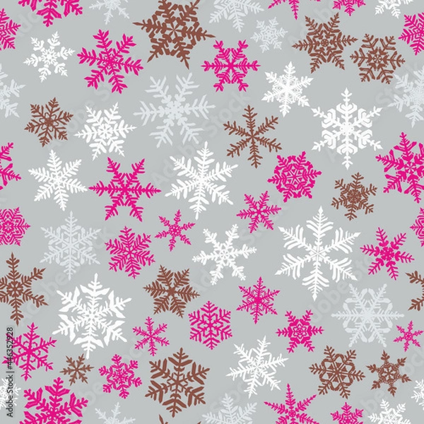 Fototapeta Christmas seamless pattern with complex big and small snowflakes, colored on gray background