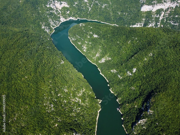 Fototapeta Aerial drone view of colorful mountain river. River flowing in canyon, view from above. Landscape. 