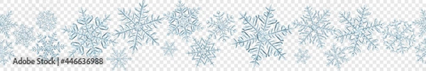 Fototapeta Banner of big complex translucent Christmas snowflakes in gray colors, isolated on transparent background. With seamless horizontal repetition. Transparency only in vector format