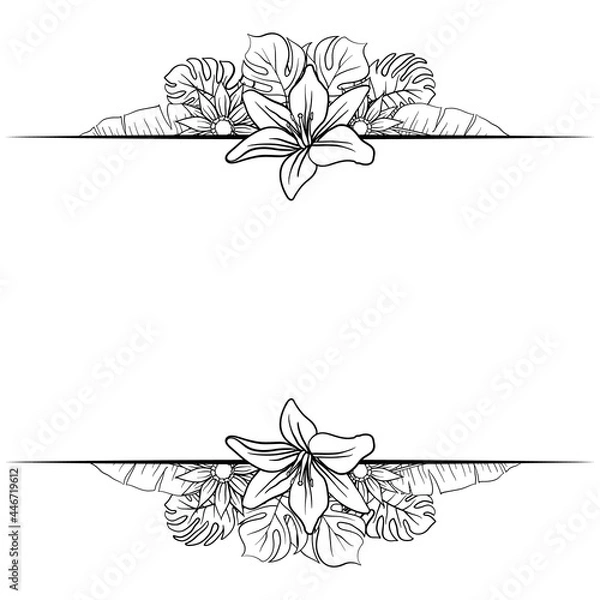 Fototapeta Beautiful Foliage Floral Frame Text Divider with elegant floral and leaves in Monochrome  illustration. 