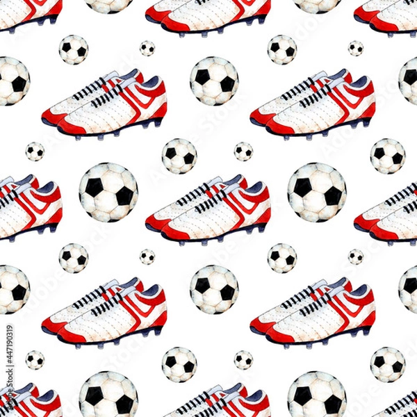 Fototapeta Watercolor illustration pattern of a soccer ball and boots. Seamless sports repeating print suitable for wallpapers, covers, wrappers, packaging, fabrics. Isolated over white background. Drawn by hand